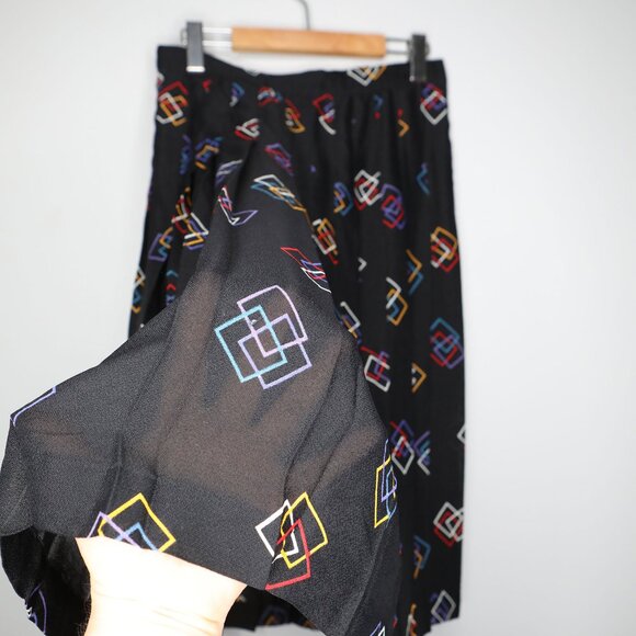 Vintage Midi Pleated Skirt Boho Retro Geo Pattern Summer Black Geek Secretary - Picture 8 of 9
